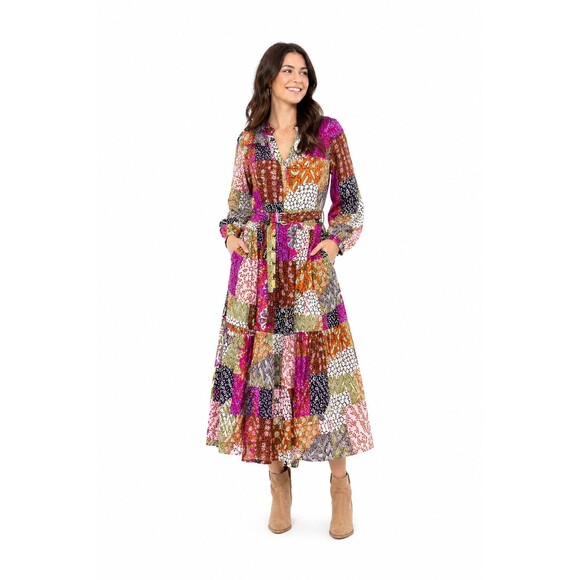 Fate Dresses & Skirts - Fate Patchwork Boho Midi Maxi Dress Medium Cotton Belted Tiered Pockets 50"